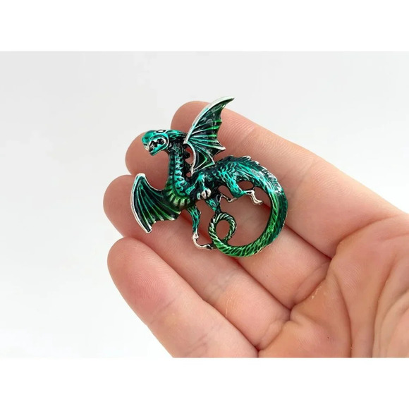 Green Enamel Flying Dragon Silver Toned Vintage Brooch Pin - Picture 10 of 10